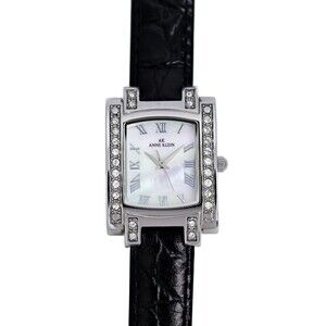 Anne Klein MOP Ladies Wrist Watch Crystal Bezel Genuine Black Leather Quartz